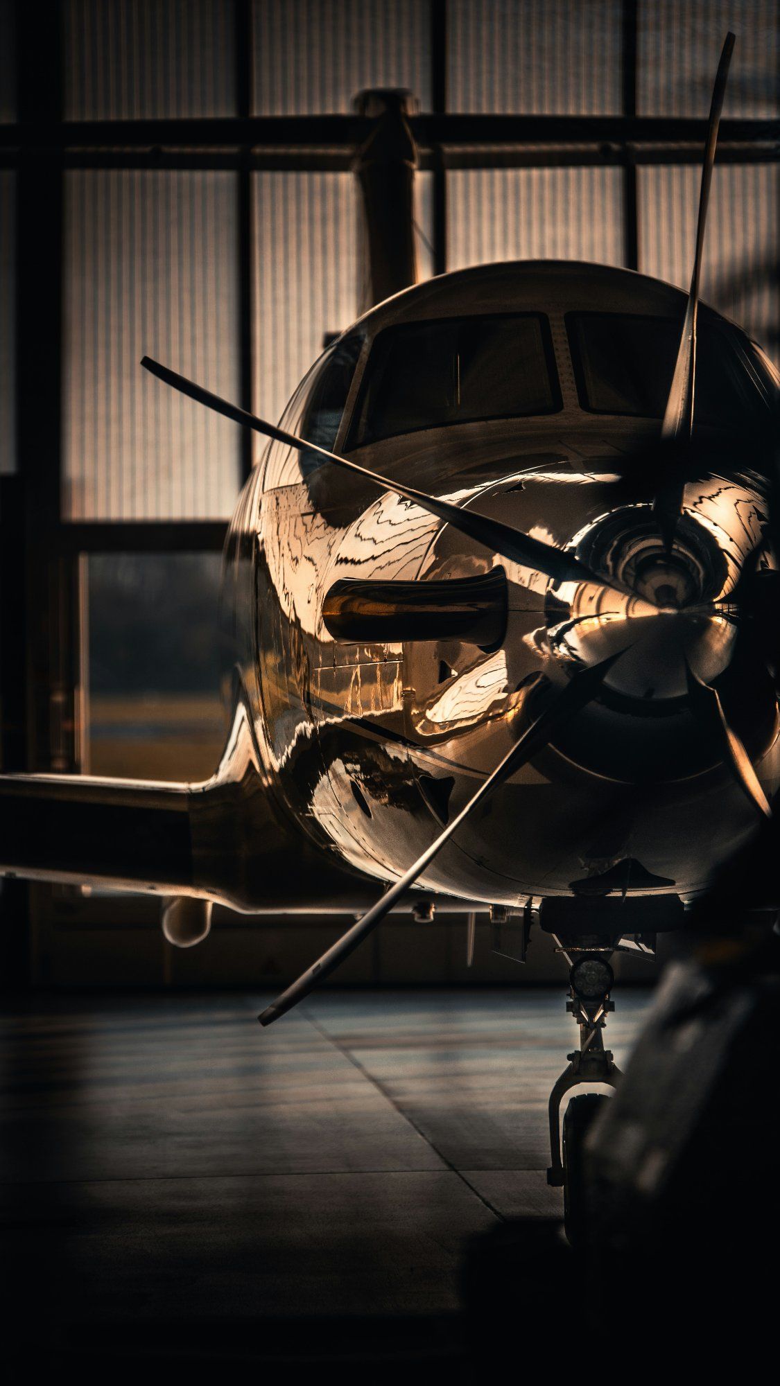 Business jet positioned inside a bright aircraft hangar